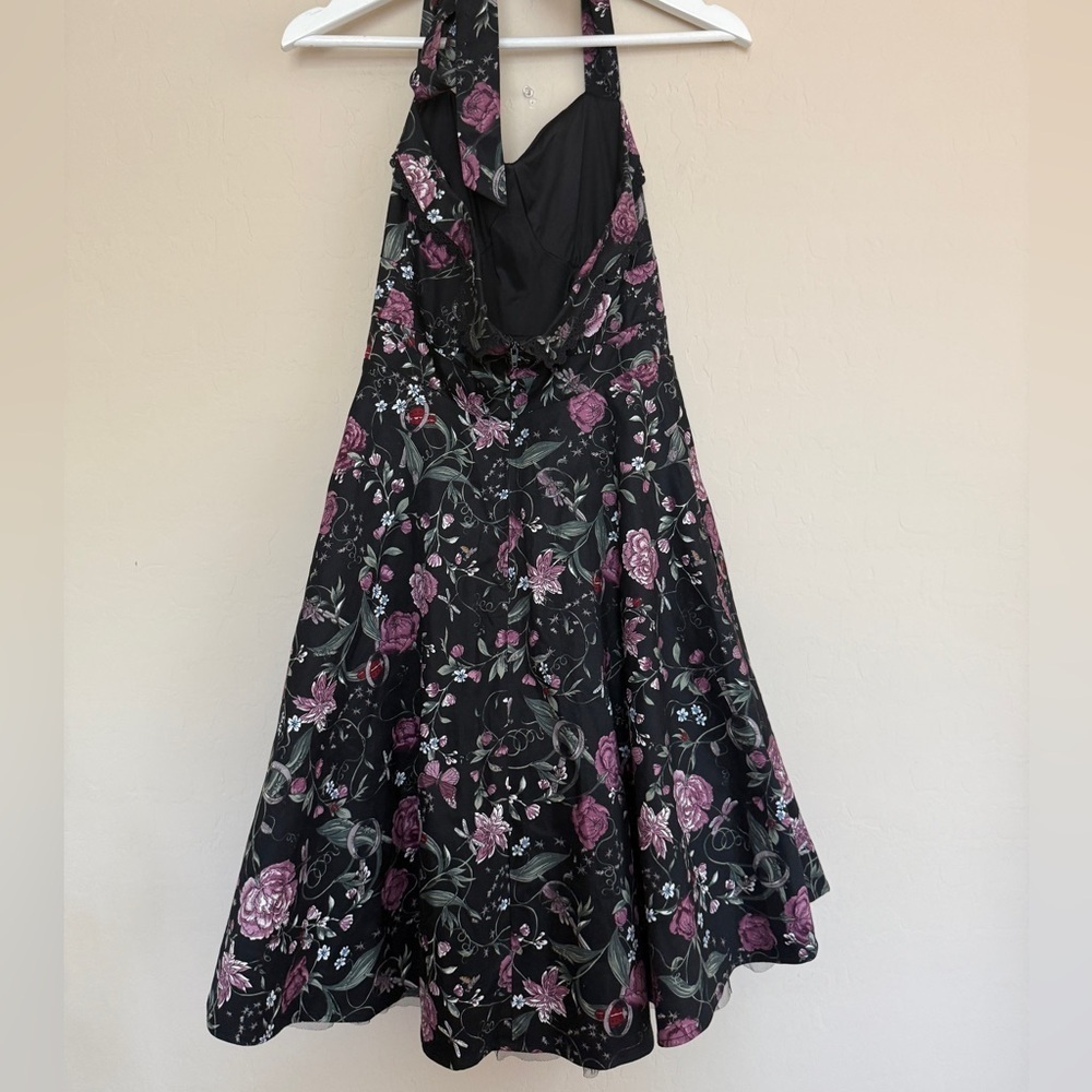 Hot Topic Floral Insects Swing Dress Black Halter Tulle Novelty Retro Small - Picture 8 of 12